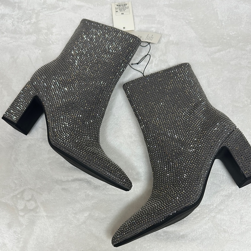 A New Day Silver Gunmetal Grey Ankle Booties with Block Heel and Rhinestones